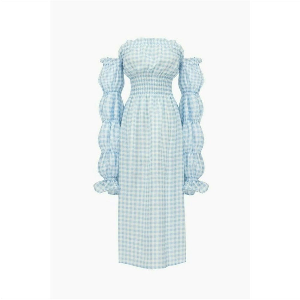Sleeper Womens Michelin Linen Dress Medium Gingham Blue Vichy